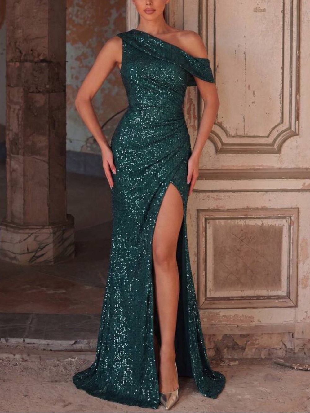 One-Shoulder Dark Green Sequin Evening Gown